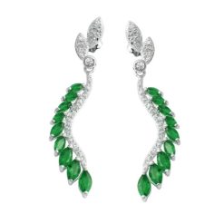 925 Sterling Silver Rhodium Plated Dangling Feather Earrings with Green CZ