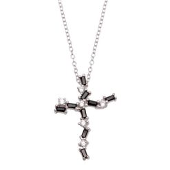 925 Sterling Silver Rhodium Plated Crooked Cross Pendant Necklace with Black and Clear CZ