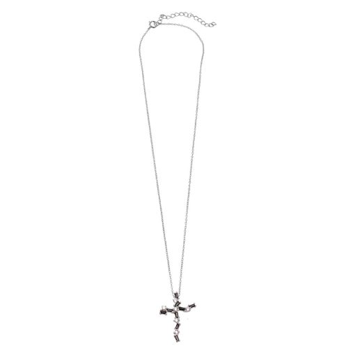 925 Sterling Silver Rhodium Plated Crooked Cross Pendant Necklace with Black and Clear CZ - Image 2