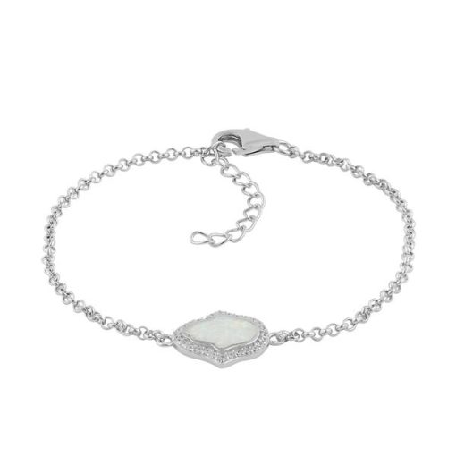 925 Sterling Silver Clear CZ and White Opal Hamsa Bracelet - Image 2
