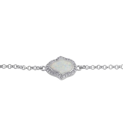 925 Sterling Silver Clear CZ and White Opal Hamsa Bracelet - Image 3