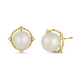 14 Karat Gold Large Fresh Water Pearl with Clear CZ Earrings