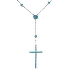 925 Sterling Silver Rhodium Plated Cross Necklace with Synthetic Turquoise Stones