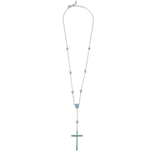 925 Sterling Silver Rhodium Plated Cross Necklace with Synthetic Turquoise Stones - Image 2