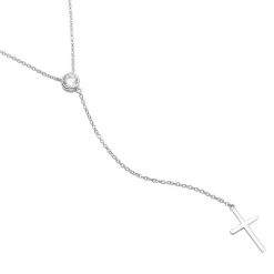 925 Sterling Silver Rhodium Plated Single CZ Stone with Drop Cross Necklace