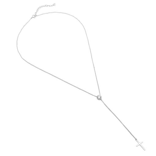 925 Sterling Silver Rhodium Plated Single CZ Stone with Drop Cross Necklace - Image 2