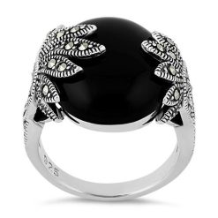 Alternative view of 925 Sterling Silver Big Round Black Onyx Floral Marcasite Ring