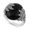 925 Sterling Silver Big Round Black Onyx Floral Marcasite Ring