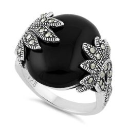 925 Sterling Silver Big Round Black Onyx Floral Marcasite Ring