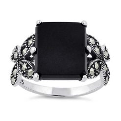 Alternative view of Sterling Silver Black Onyx Square Butterfly Marcasite Ring