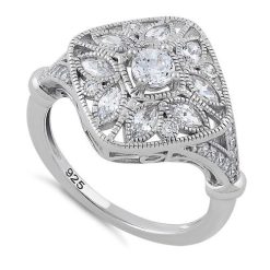 925 Sterling Silver Blooming Flower Round Cut Clear CZ Ring