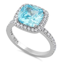 925 Sterling Silver Cushion Cut Aqua Blue CZ Ring