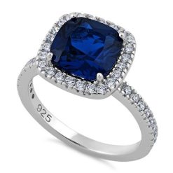 925 Sterling Silver Cushion Cut Blue Spinel CZ Ring