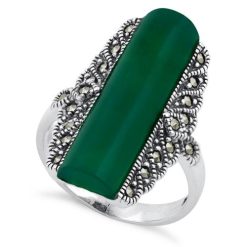 925 Sterling Silver Green Agate Tall Marcasite Ring