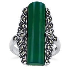 Alternative view of 925 Sterling Silver Green Agate Tall Marcasite Ring