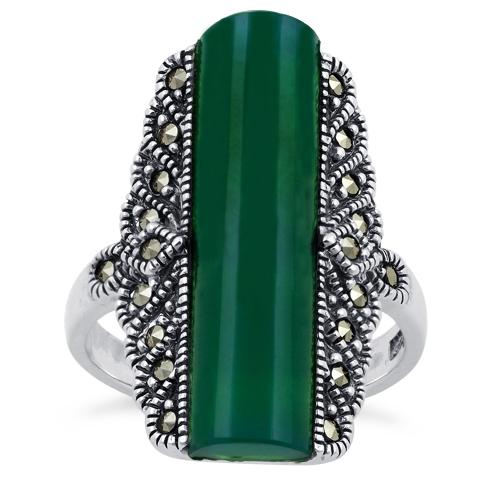925 Sterling Silver Green Agate Tall Marcasite Ring - Image 2