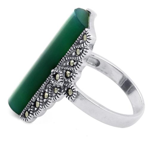 925 Sterling Silver Green Agate Tall Marcasite Ring - Image 4