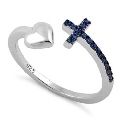 925 Sterling Silver Heart Cross Blue Sapphire CZ Ring
