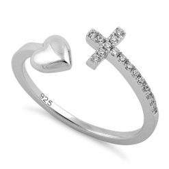925 Sterling Silver Heart Cross Clear CZ Ring