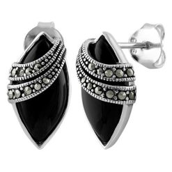 925 Sterling Silver Marquise Black Onyx Marcasite Earrings