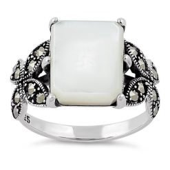 Alternative view of Sterling Silver Mother of Pearl Square Butterfly Marcasite Ring
