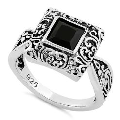 925 Sterling Silver Ornate Square Cut Black CZ Ring