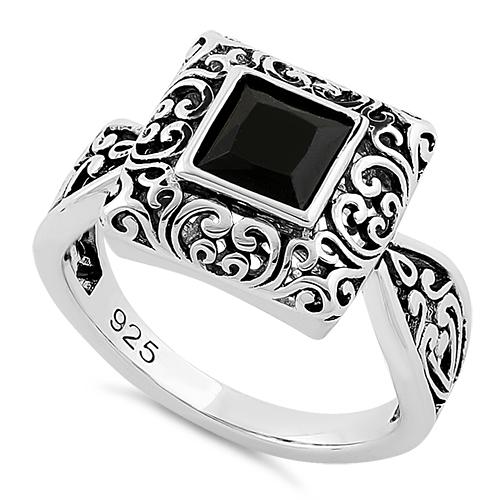 925 Sterling Silver Ornate Square Cut Black CZ Ring