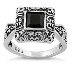 Alternative view of 925 Sterling Silver Ornate Square Cut Black CZ Ring