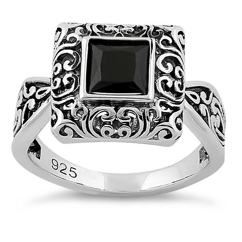 925 Sterling Silver Ornate Square Cut Black CZ Ring - Image 2