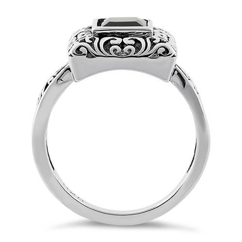 925 Sterling Silver Ornate Square Cut Black CZ Ring - Image 3