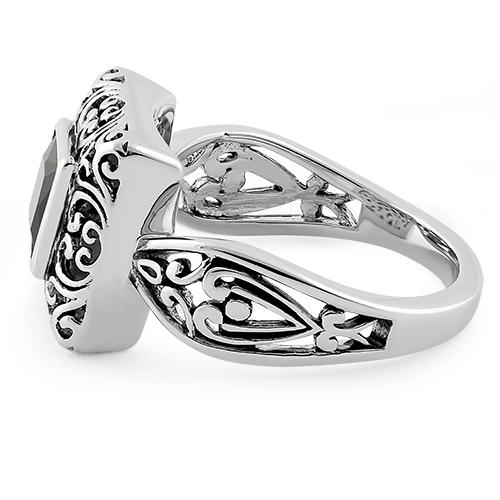 925 Sterling Silver Ornate Square Cut Black CZ Ring - Image 4