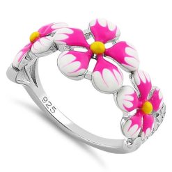 925 Sterling Silver Hand-Painted Paradise Pink & White Plumeria Ring