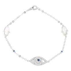 925 Sterling Silver Rhodium CZ Evil Eye and Mother of Pearl Hamsa Bracelet