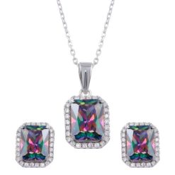 925 Sterling Silver Rhodium Plated Halo Rectangle Synthetic Mystic Topaz CZ Set