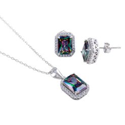Alternative view of 925 Sterling Silver Rhodium Plated Halo Rectangle Synthetic Mystic Topaz CZ Set