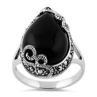 Alternative view of 925 Sterling Silver Pear Shape Black Onyx Marcasite Ring
