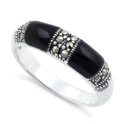 925 Sterling Silver Double Black Onyx Marcasite Ring