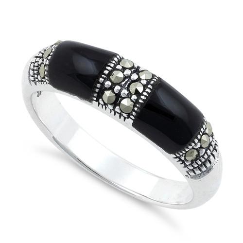 925 Sterling Silver Double Black Onyx Marcasite Ring