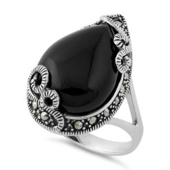 925 Sterling Silver Pear Shape Black Onyx Marcasite Ring