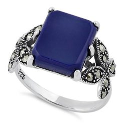 925 Sterling Silver Blue Lapis Square Butterfly Marcasite Ring