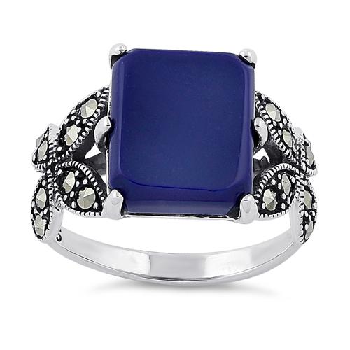 925 Sterling Silver Blue Lapis Square Butterfly Marcasite Ring - Image 2