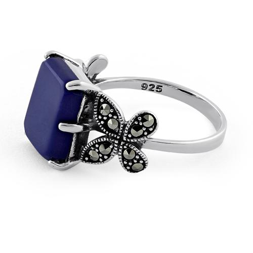 925 Sterling Silver Blue Lapis Square Butterfly Marcasite Ring - Image 4