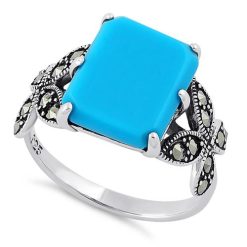 925 Sterling Silver Simulated Turquoise Square Butterfly Marcasite Ring