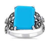 Alternative view of 925 Sterling Silver Simulated Turquoise Square Butterfly Marcasite Ring