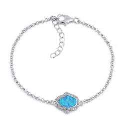 925 Sterling Silver Clear CZ and Blue Opal Hamsa Bracelet