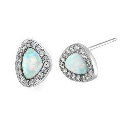 925 Sterling Silver Small White Lab Opal & Clear CZ Offset Stud Earrings