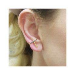 Alternative view of 925 Sterling Silver Gold Plated Climbing Cross Earrings with Blue CZ Stones