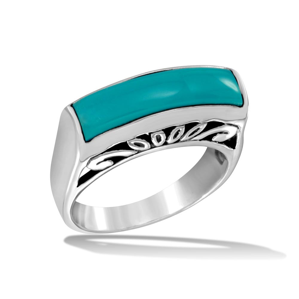 925 Sterling Silver High Polished Rectangular Turquoise Stone Ring