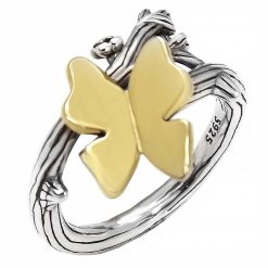 925 Sterling Silver Oxidized Gold Plated Butterfly On Branch Ring