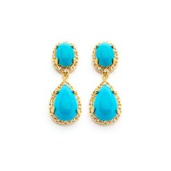 925 Sterling Silver Gold Rhodium Plated Round CZ Turquoise Teardrop Round Dangling Earrings